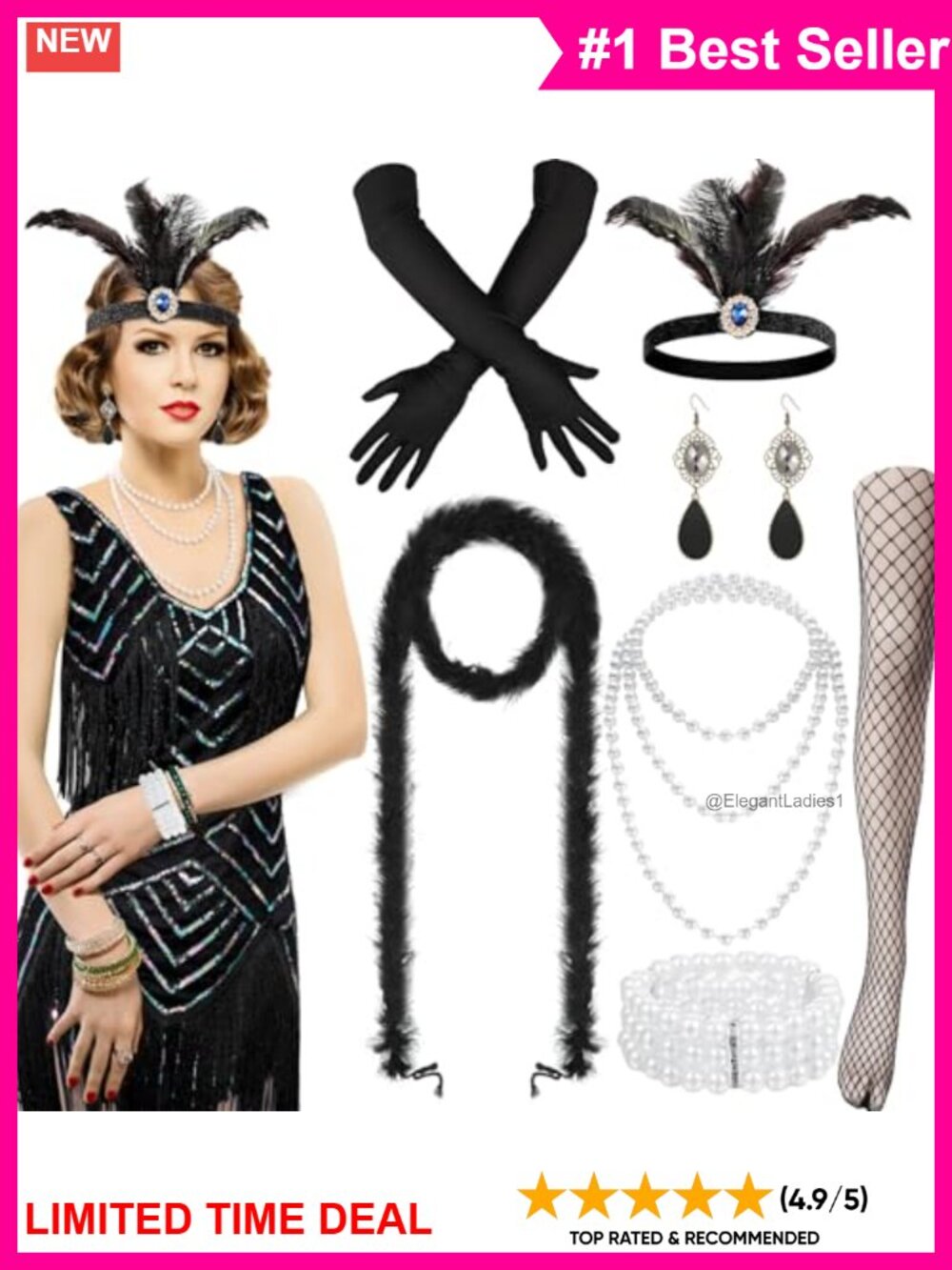 1920s Flapper Costume Set Sequin Tassel Dress Pearl Accessories 9 Piece